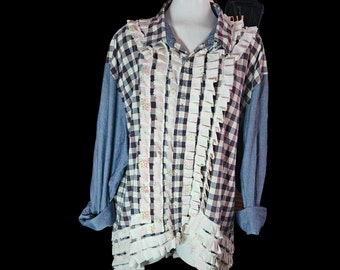 Upcycled Women's Button Front Shirt Blue Purple Check Long Sleeves Ruffles High Low Hem Size 3XL Nautica