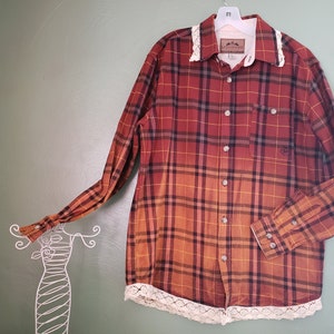 Upcycled Flannel Shirt, Bleached Shirt, Eco Friendly Clothing, Distressed Flannel, Long Sleeve Shirt, Brown Plaid Shirt, Size Large