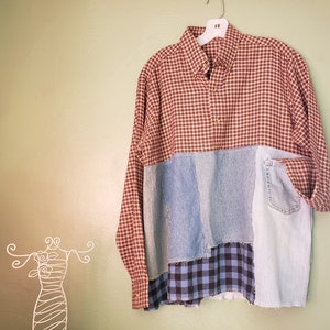 Upcycled Flannel Tunic, Blue Plaid Top, Refashioned Clothing, Size XL, Long Sleeve Pullover
