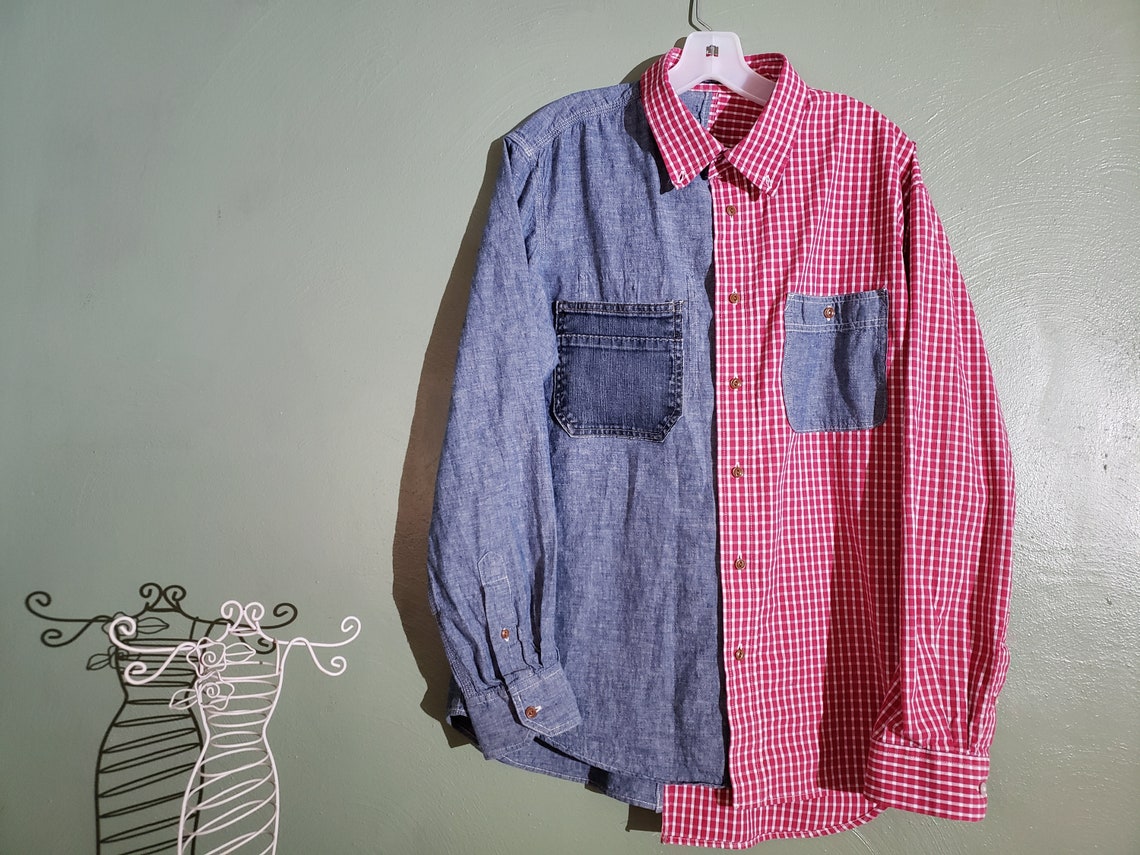 Upcycled Men's Button Down Shirt Denim Blue and Red Etsy