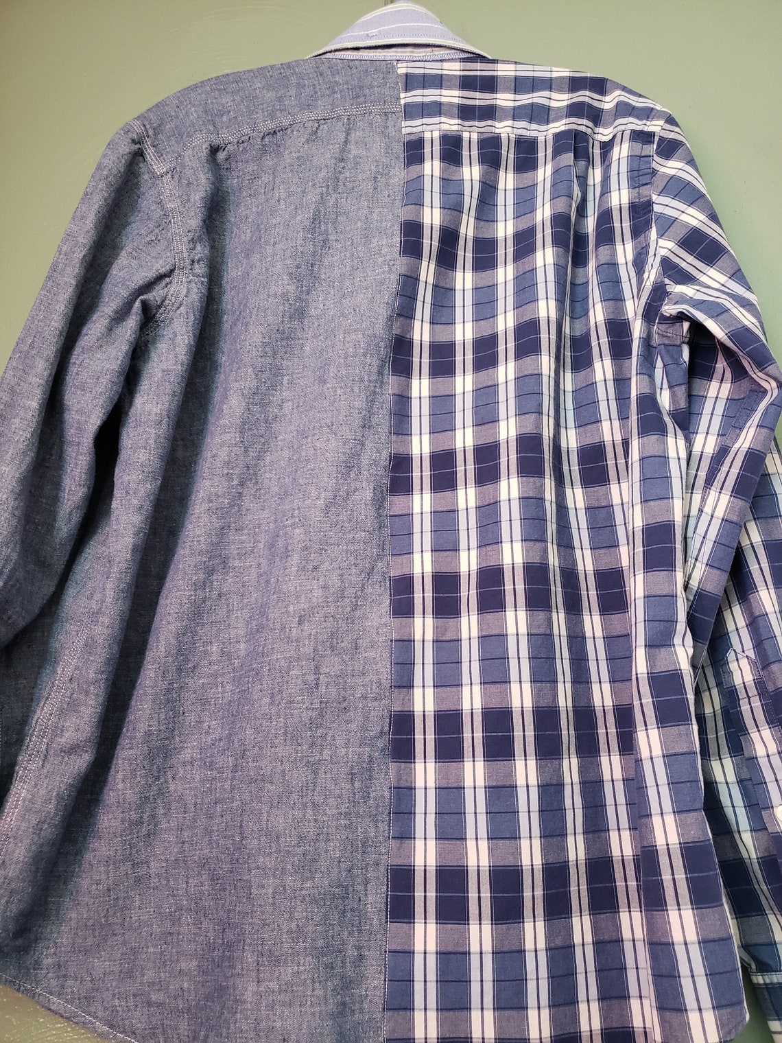 Men's Upcycled ButtonDown Denim And Plaid Shirt Size Etsy