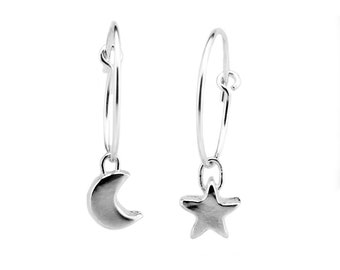 Crescent Moon and Star Pendant Earrings Sterling Silver Crescent Moon and Star Hoop Dangle Earrings