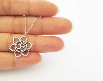 Sterling Silver Lotus Flower Om Symbol Yoga Pendant Necklace