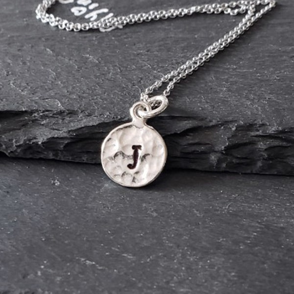 Sterling Silver Personalized Hammered Disc  Letter"A-Z" Initial Necklace