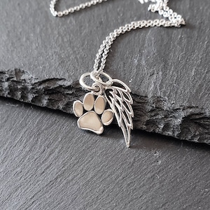 Sterling Silver Pet Memorial Necklace, Paw Print Angel Wing Charm Necklace