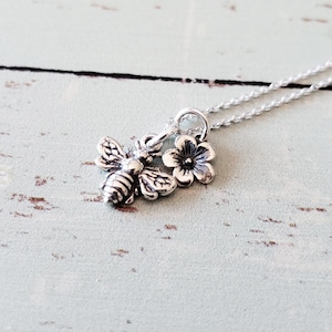 Bumble Bee Charm Sterling Silver Necklace with Flower Charm Necklace