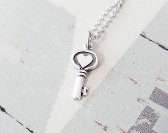 Sterling Silver Heart Key Charm Necklace