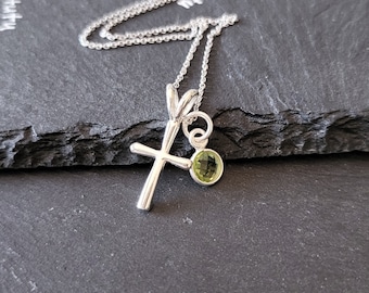 Sterling Silver Cross Charm Necklace with Birthstone