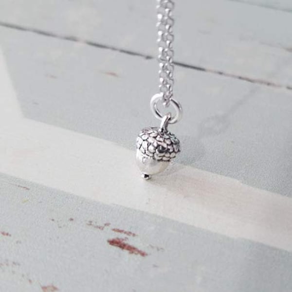 Sterling Silver 3D Tiny Acorn Pendant Necklace (small size )