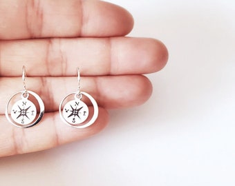 Minimalist Jewelry for Women Earrings fro Travelers Compass Earrings in Silver Best Friend Birthday Gifts for Her Hand Stamped Earrings