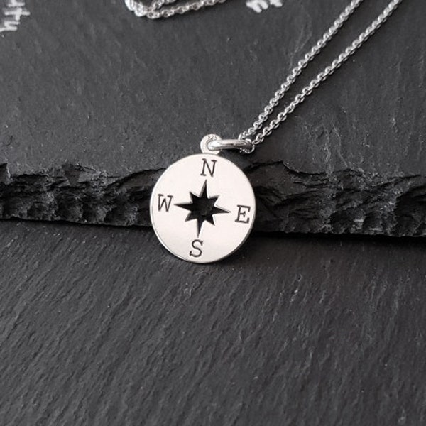 Simple Sterling Silver Compass Charm Necklace (Lightweight, oxidized )