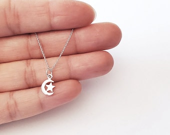 Sterling Silver Tiny Moon Charm with Star Necklace