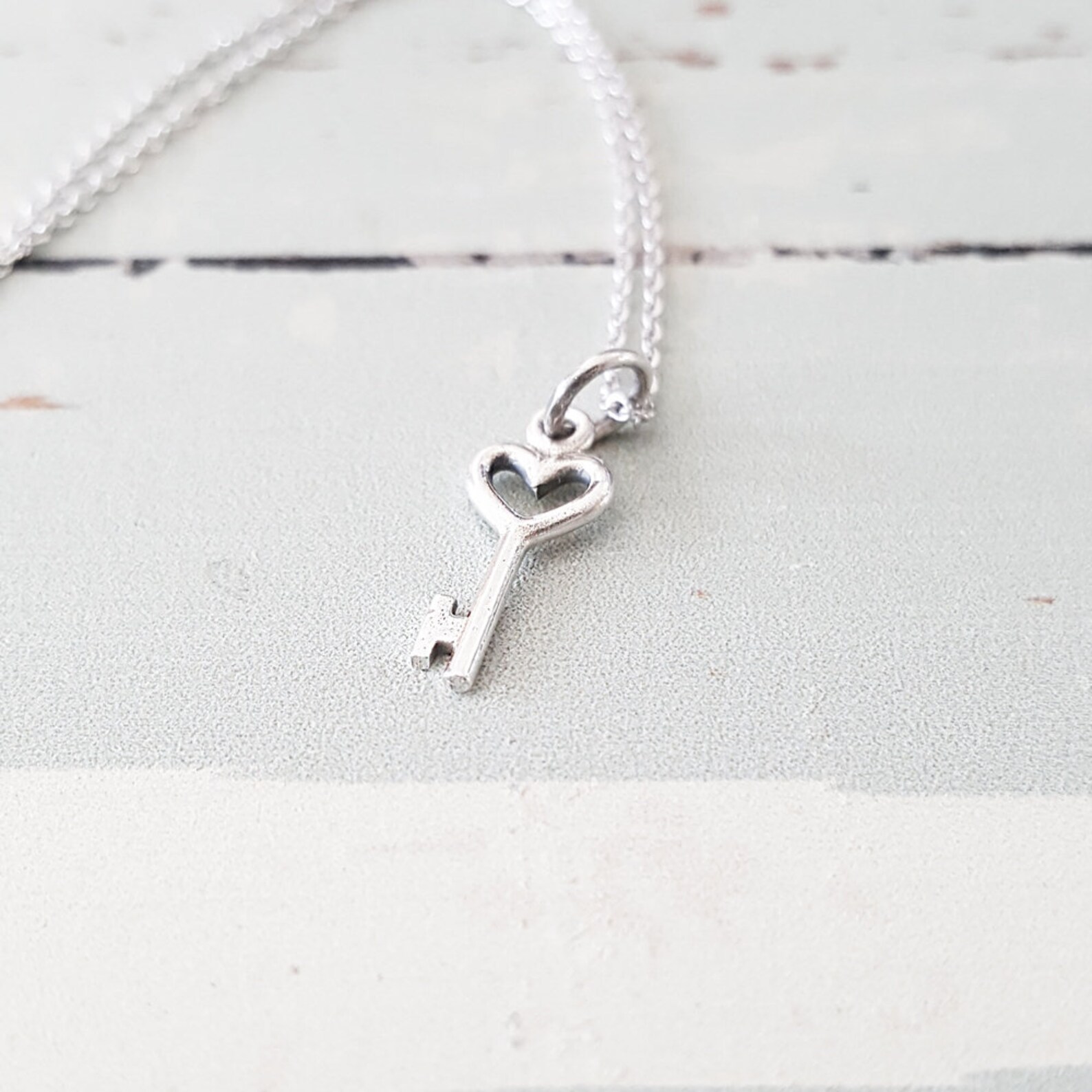 Sterling Silver Tiny Heart Key Charm Necklace Etsy