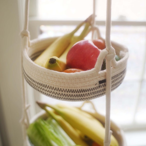 Corbeille à fruits suspendue en corde de coton - Panier suspendu Boho à trois niveaux