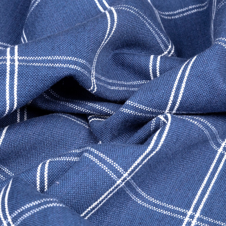 Navy Blue Linen Windowpane Check Designer Curtain Fabric Roman | Etsy