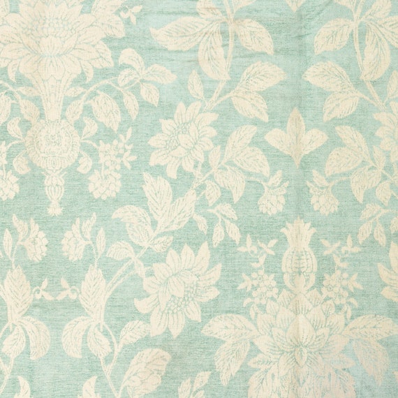 Duck Egg Blue Off White Floral Linen Curtain Fabric Light Etsy