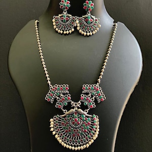 Oxidised German Silver Necklace Earring Set, Long/Haram Necklace,New Design Traditional Jewelry for Marriage and Party&#39;s