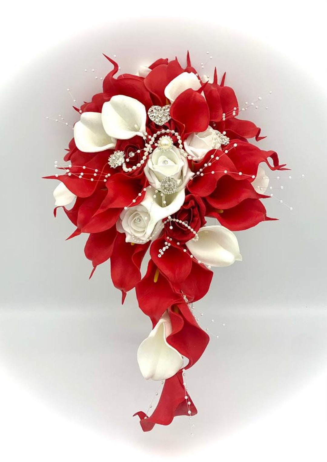 Bride Red White Artificial Bouquet Calla Lily Teardrop Bouquet Real