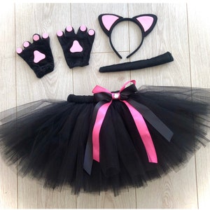 Black cat tutu tulle skirt headband ears tail bow fancy dress black pink dance costume halloween outfit photo shoot dressing up