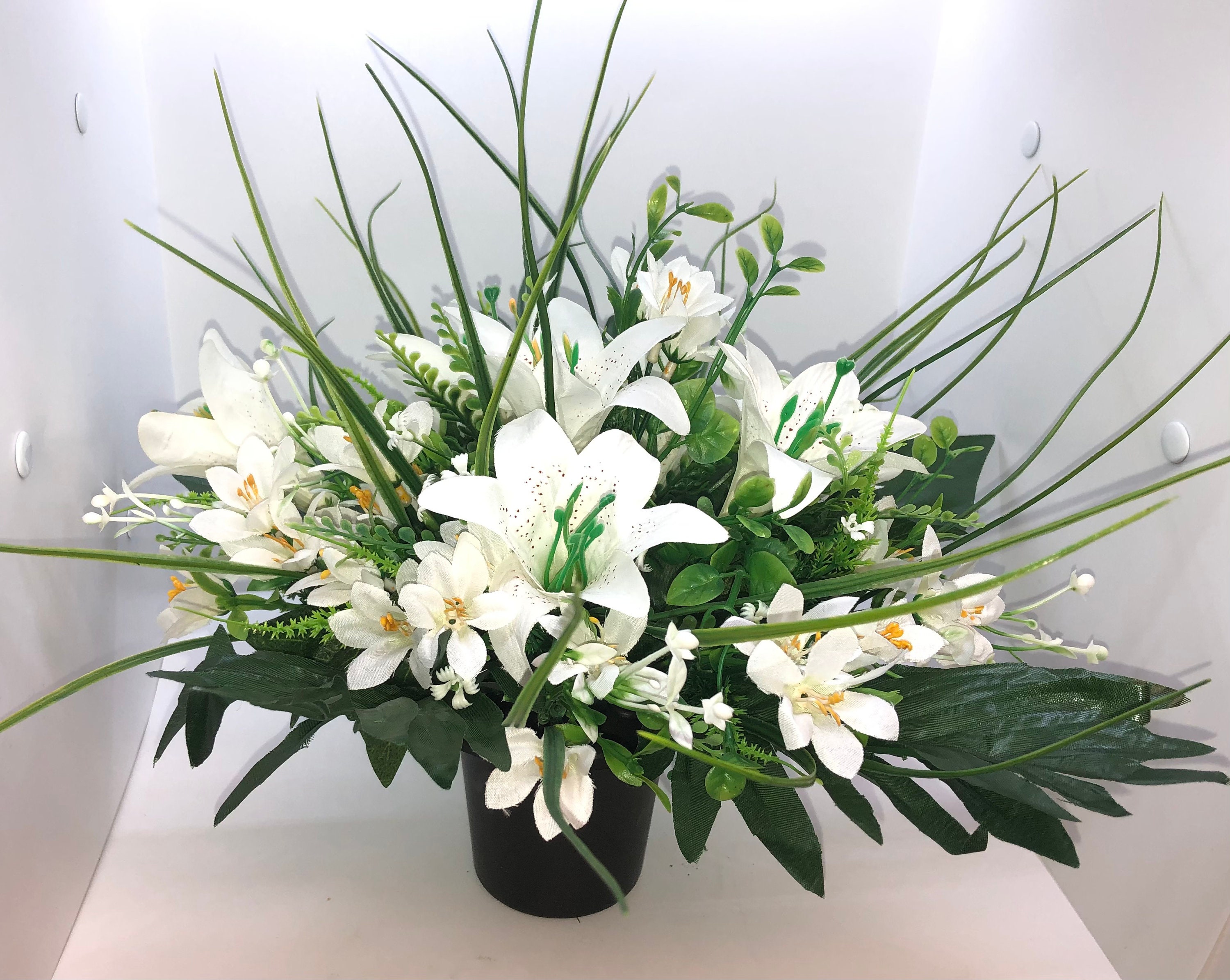 Cemetery Grave Memorial Artificial Flower Pot Mixed White Lily Etsy