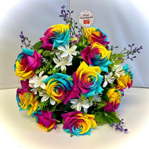 Cemetery Grave Memorial Window Sill Artificial Flower Pot Vibrant Flowers. Rainbow Roses Round Posy pot .Weighted Pots. Flowers glued