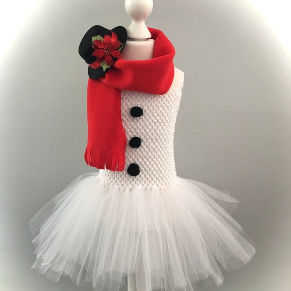 Muñeco de nieve vestido de tutú de tul vestido de navidad clip de disfraces en el sombrero bufanda roja traje elegante blanco traje del día de Navidad foto de la natividad