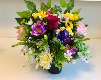 Cemetery Grave Memorial Window Sill Artificial Flower Pot Vibrant Flowers. Flat Backed . Weighted Pots. Flowers glued firmly into place