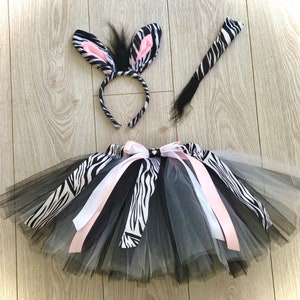 Zebra tutu tulle skirt headband ears tail bow fancy dress white black striped animal dance costume cake smash outfit photo shoot dressing up