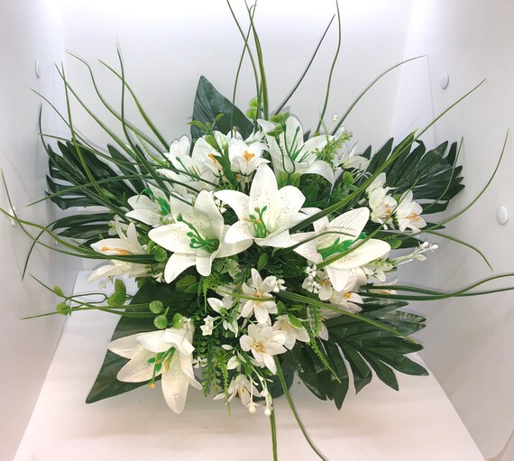 Cemetery Grave Memorial Artificial Flower Pot Mixed White Lily Etsy