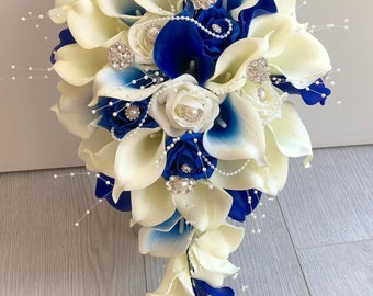 Bride blue and ivory artificial calla lily teardrop bouquet  real touch calla lilies foam roses pearls diamante brooches wedding flowers