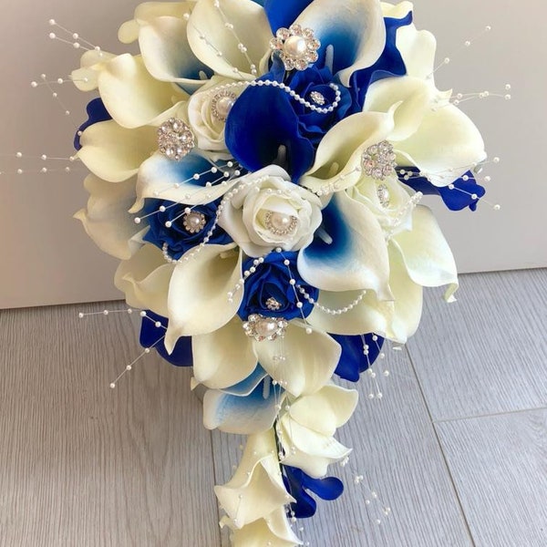 Bride blue and ivory artificial calla lily teardrop bouquet  real touch calla lilies foam roses pearls diamante brooches wedding flowers