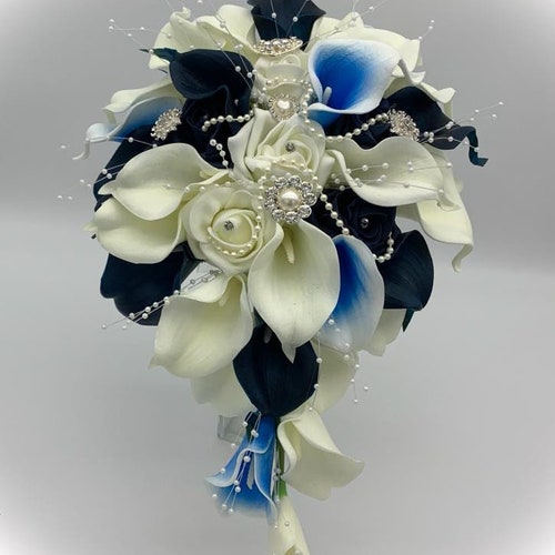 Bride Blue and Ivory Artificial Calla Lily Teardrop Bouquet Etsy