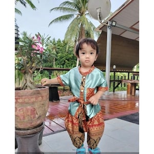Boys traditional Thai/Lao/Khmer Outfit Set Shirt Sarong Skirt Native Thailand Clothing