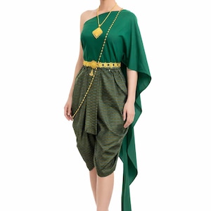 Abito da sposa da donna in seta sintetica tailandese, tradizionale, verde, Lao Khmer, 2 pezzi, fascia e sarong.