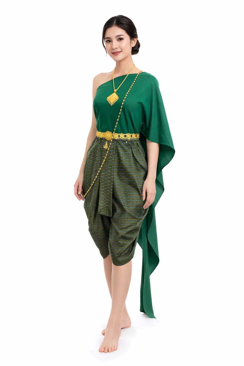 khmer traditional dress Ladies Green Traditional Thai Lao Khmer Outfit 2 Piece Set Sash & Sarong  Thai Faux Silk Wedding Attire Women's