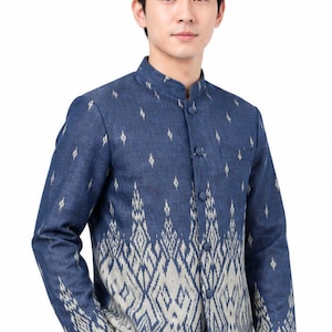 Men's Two Tone Blue Thai Shirt Safari Jacket With Woven Pattern Long Sleeve Mandarin Chinese Collar Outfit Wedding Formal SIZE S - 6XL