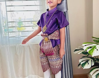 Boys traditional Thai/Lao/Khmer Outfit Set Shirt Sarong Skirt Native Thailand Clothing