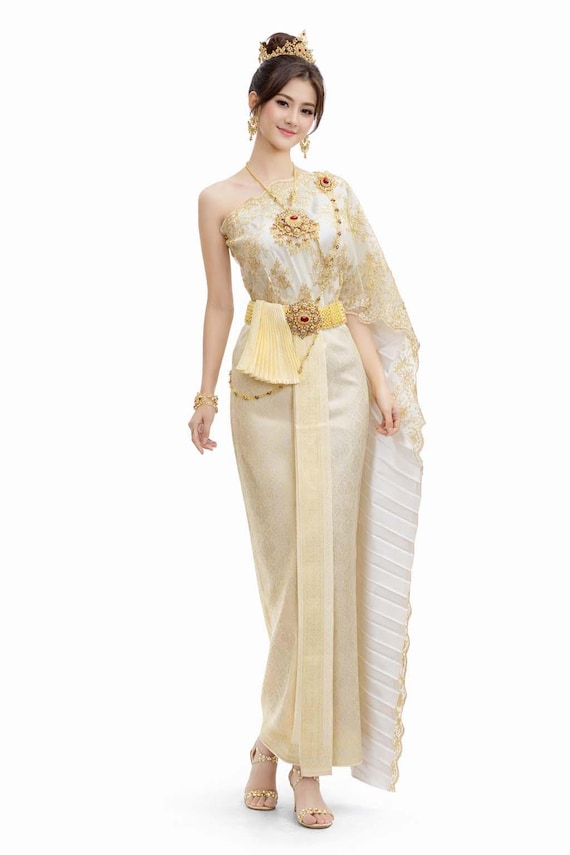 cream and gold traditional dress Women's Cream White Thai Wedding Dress Outfit & Accessories