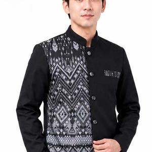 Men's Two Tone Black Thai Shirt Safari Jacket With Woven Pattern Long Sleeve Mandarin Chinese Collar Outfit Wedding Formal SIZE S - 6XL