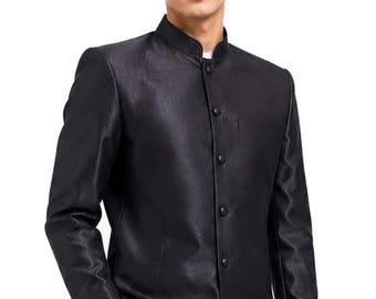 Men's Black Silk Safari Shirt Jacket - Royal Mandarin Collar Long Sleeves