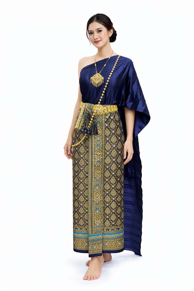 ladies-blue-thai-traditional-thai-outfit-2-piece-set-sash-sarong-thai