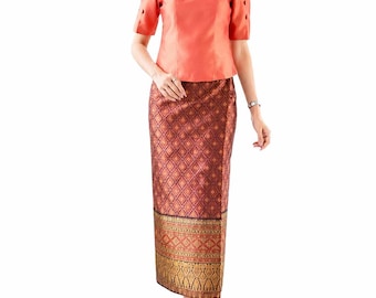 Completo da donna in seta tailandese - Pareo e camicetta, abbigliamento formale da sera, 12 combinazioni di colori