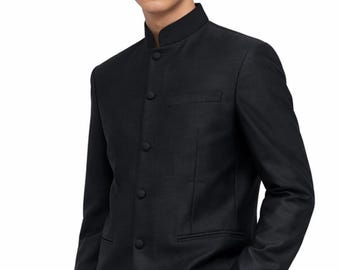 Men's Black Silk Safari Shirt Jacket - Royal Mandarin Collar Long Sleeves