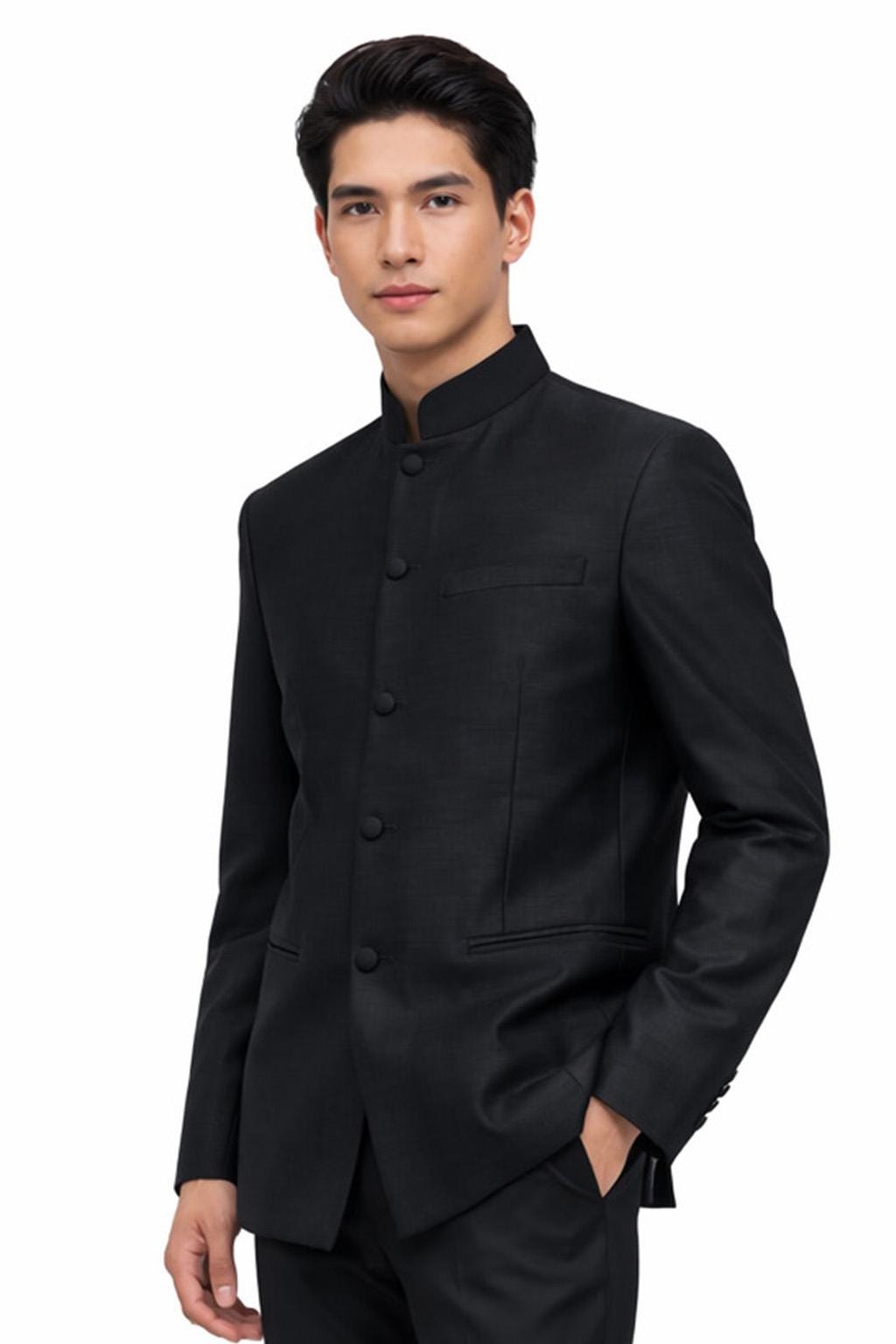 refined black belted sheath dress with mandarin collar Refined Sleeveless Black Belted Sheath Dress with Mandarin Collar  KOCKU