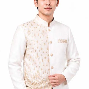 Men's Two Tone White Thai Shirt Safari Jacket With Woven Pattern Long Sleeve Mandarin Chinese Collar Outfit Wedding Formal SIZE S - 6XL