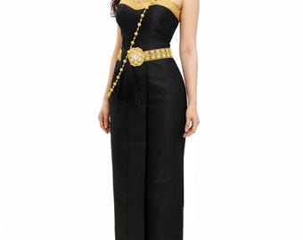 Ensemble 2 pièces traditionnel thaïlandais lao khmer pour femme, ceinture et paréo, costume de danse de mariage thaïlandais en fausse soie