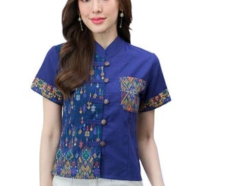 Thailändische Ureinwohner Bluse | Indigo Blau Halbarm Hemd