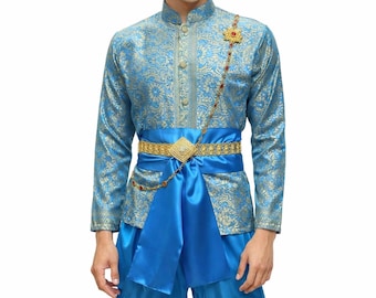 Traje tradicional tailandés de boda para hombre de 3 piezas: camisa, pareo y cinturón.