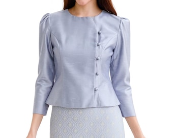 Graues Thai Seiden Hemd für Frauen - Elegante Asymmetrische Knopf Bluse 10 Farben