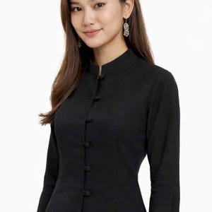 Blusa feminina elegante em algodão preto - Gola mandarim, manga longa e curta, sofisticada para ocasiões formais - 10 modelos